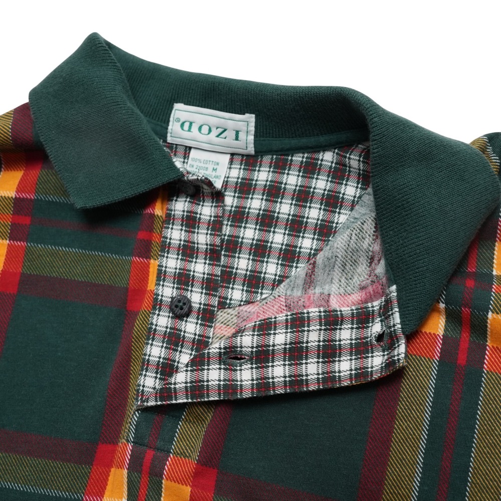 IZOD Plaid Polo Shirt Mens Medium Green Red Yellow Golf Preppy Vintage Style - Picture 1 of 14